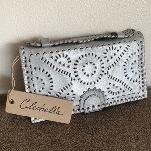 Cleobella Mexicana Silver Leather Hand Tooled Clutch Purse Wallet Boho
